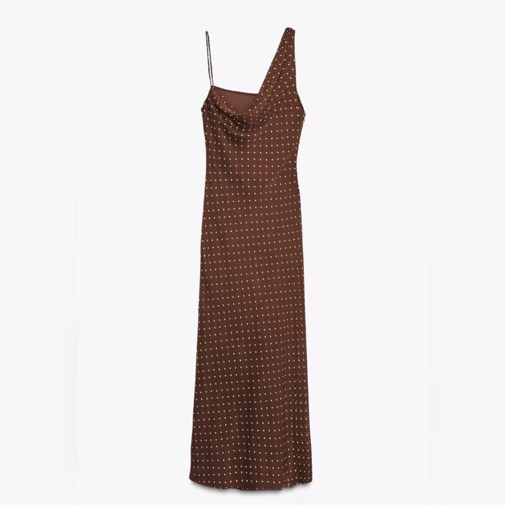 ZARA Brown Draped Neck Polka Dot Maxi Dress - Picture 15 of 17